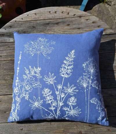 helen round indigo linen garden print cushion